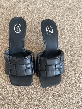 Ash Black Woven Leather Slide Mules